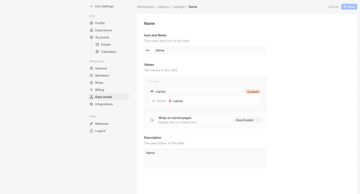 Twenty - Data model - Settings screen