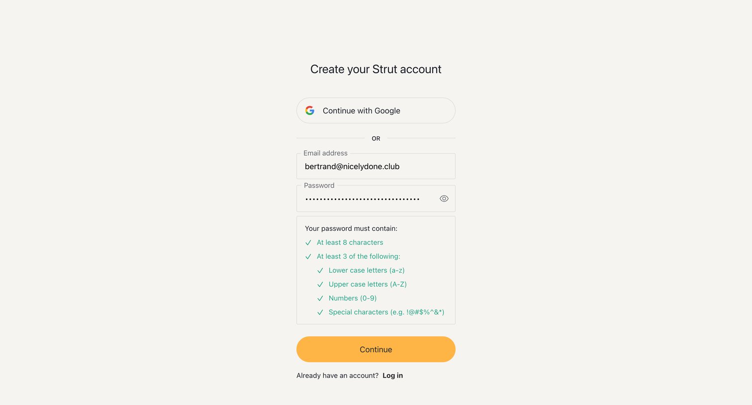 Strut - Sign up — Strut screen