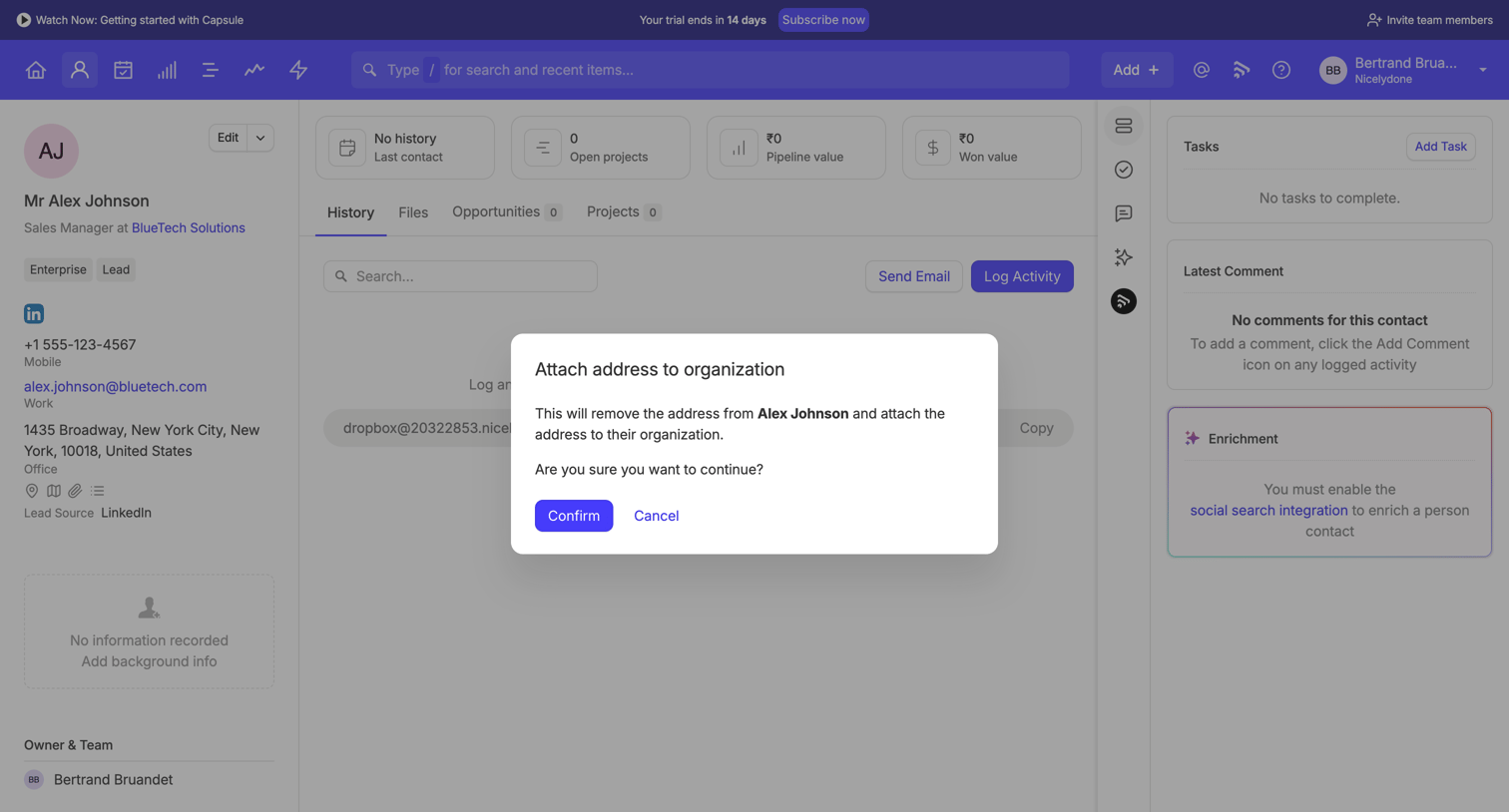 Capsule - Alex Johnson | Nicelydone CRM screen