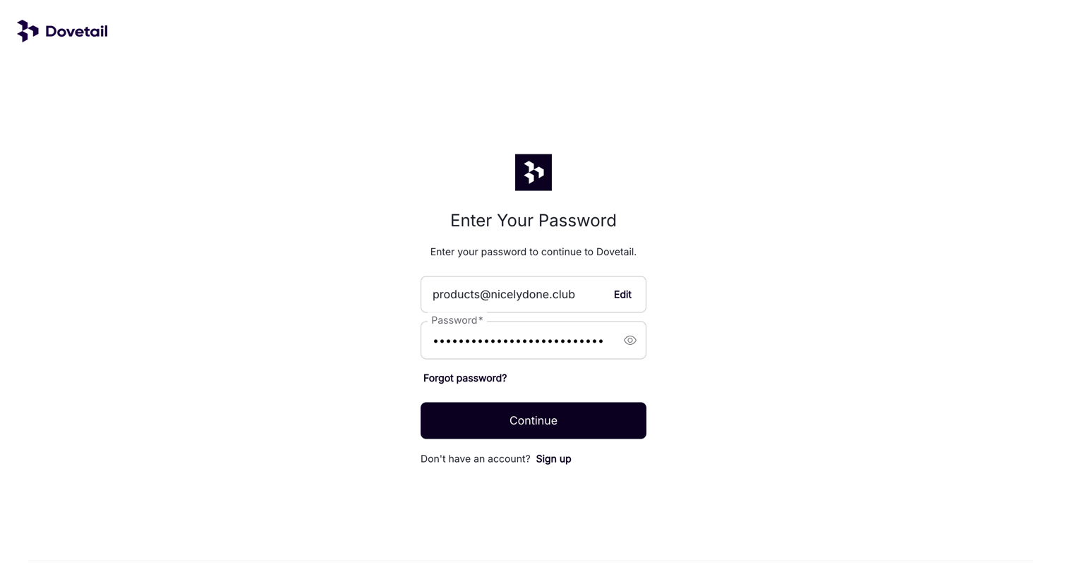Dovetail - Log in – Dovetail screen