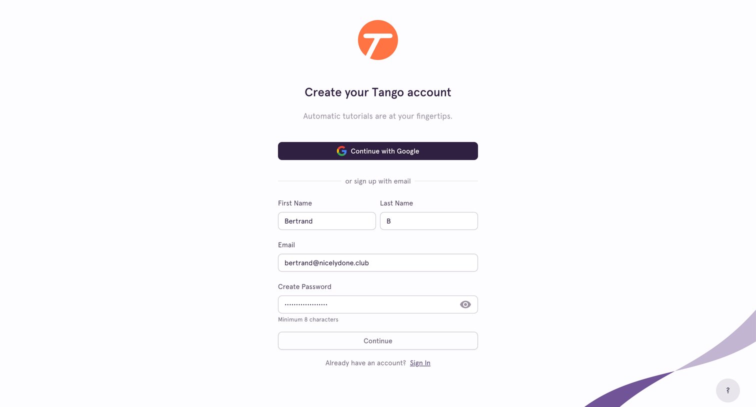 Tango - Sign Up screen