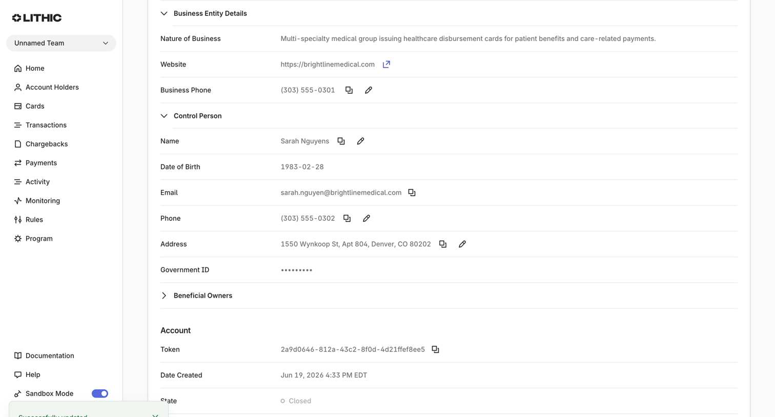 Lithic - Lithic - Account Holders screen