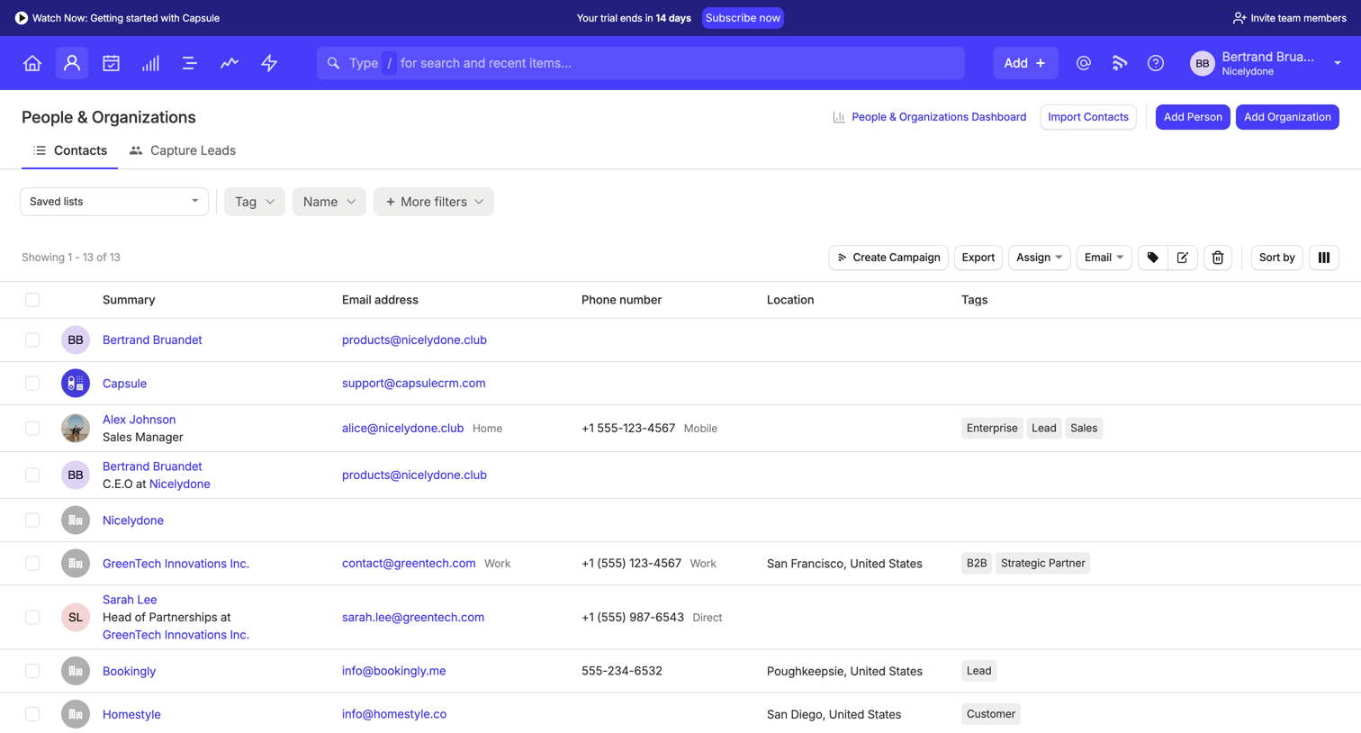 Capsule - People & Organizations | Nicelydone CRM screen