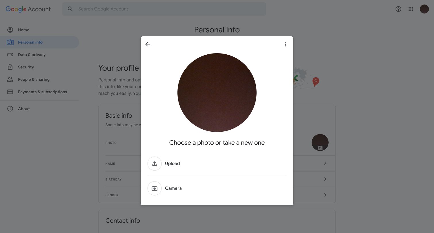 Google Account - Personal info screen