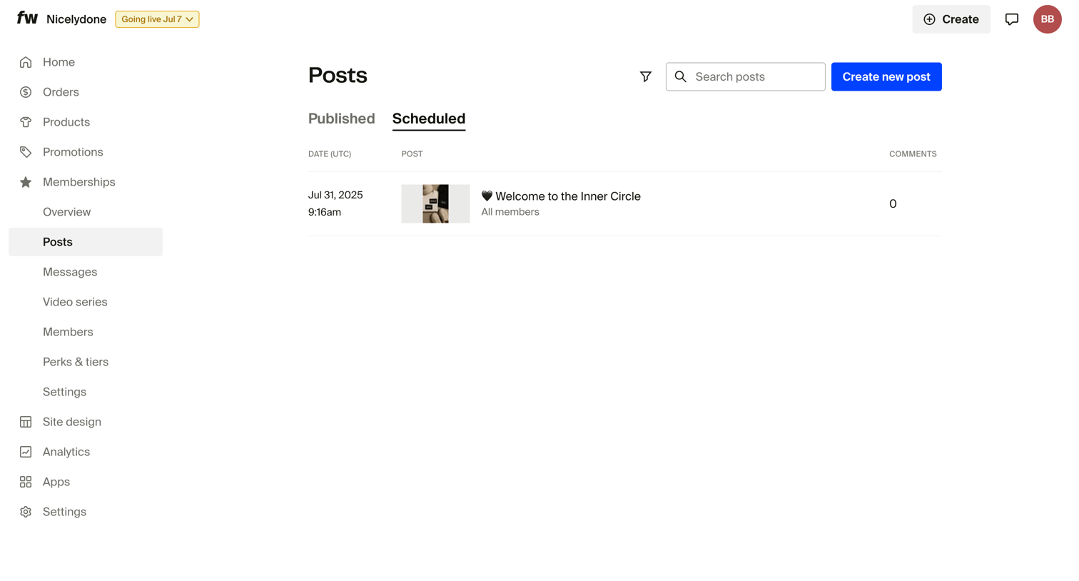 Fourthwall - Scheduled Posts – Dashboard screen