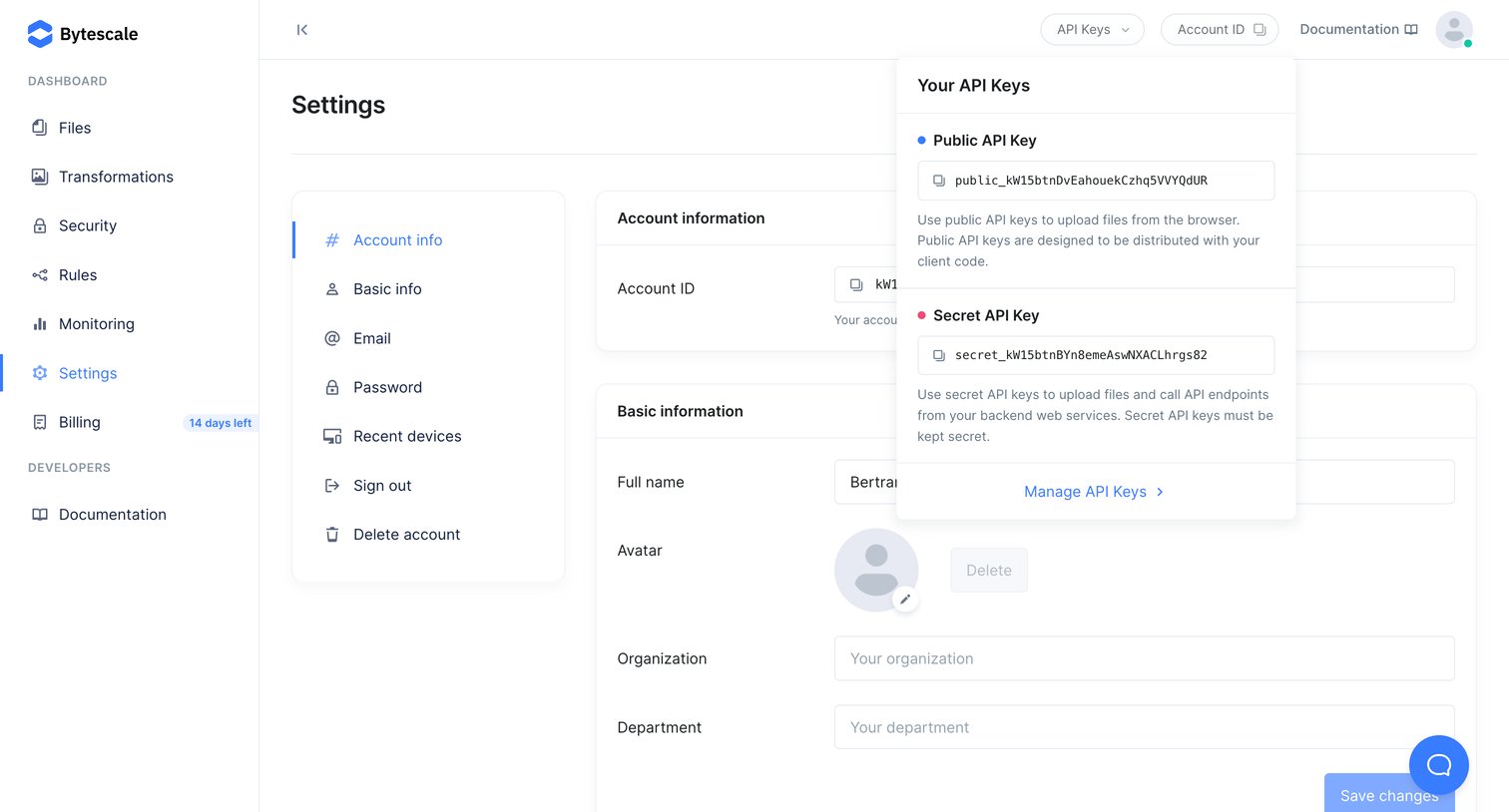 Bytescale - Settings | Bytescale screen