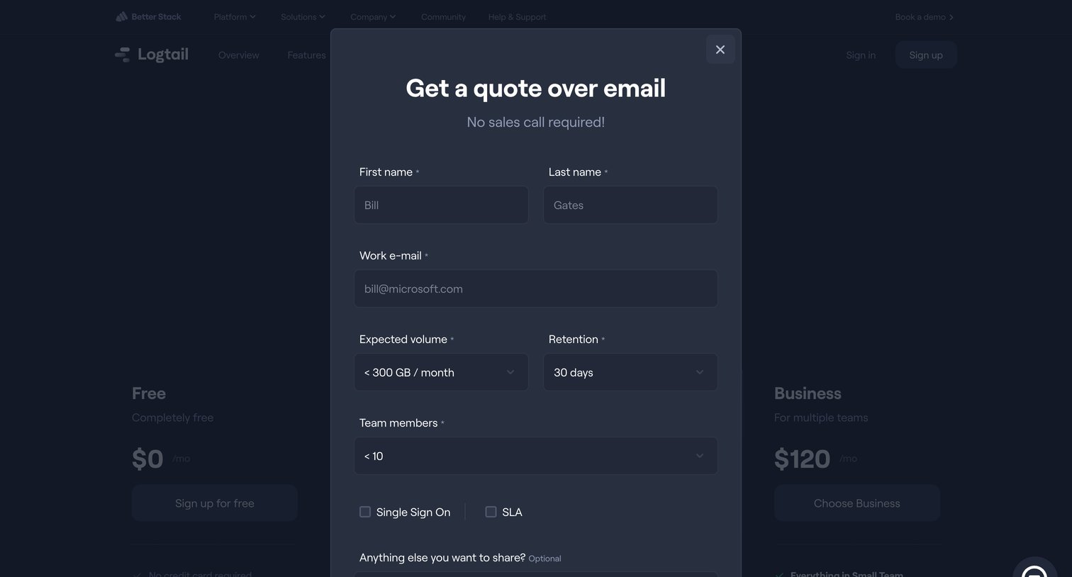 Better Stack - Pricing | Logtail screen