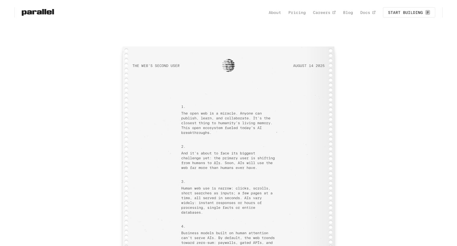Parallel - About Parallel  The web's second user  Parallel Web Systems  Enterprise Deep Research API screen