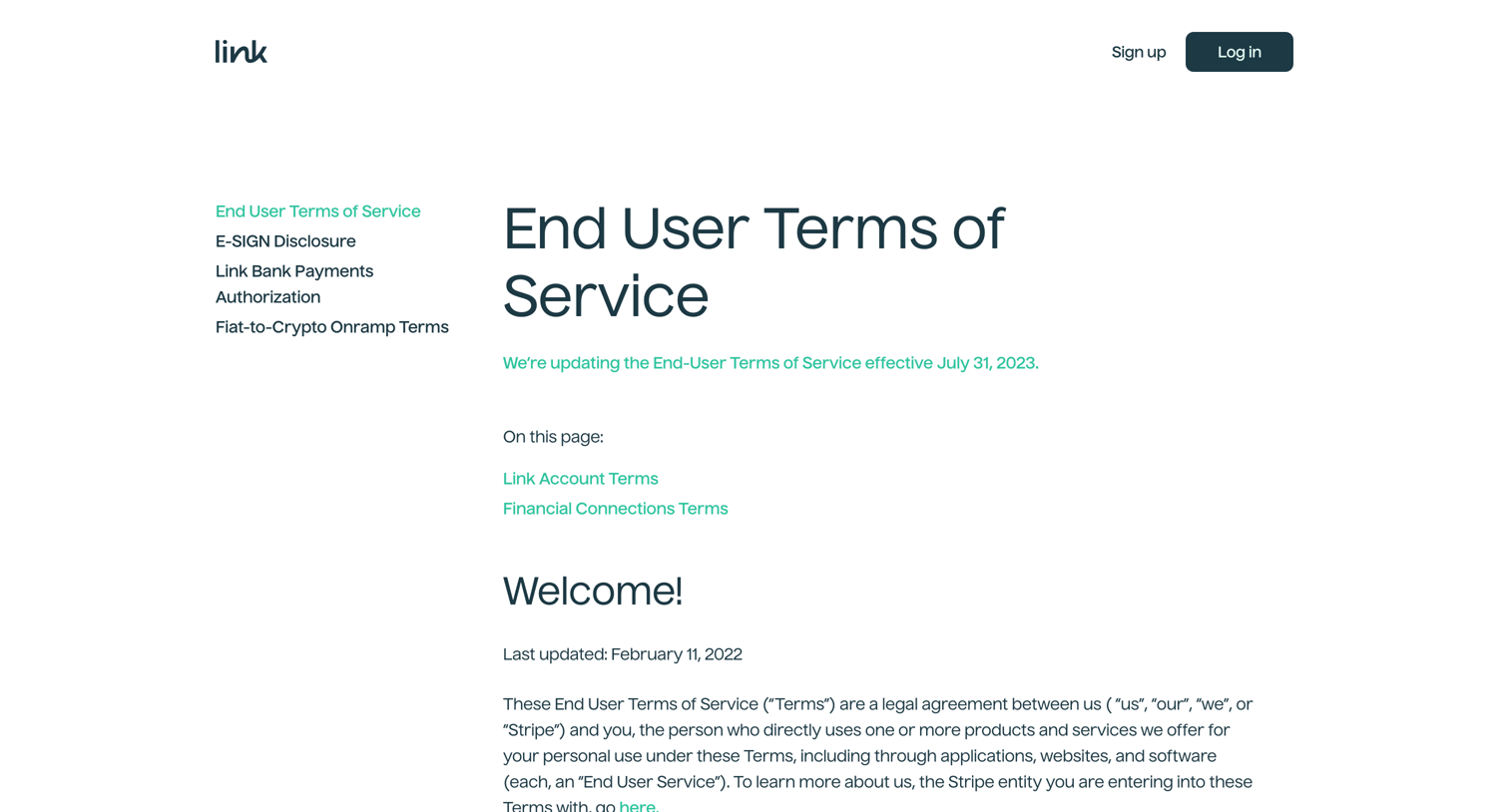 Link - Terms of Service | Link screen