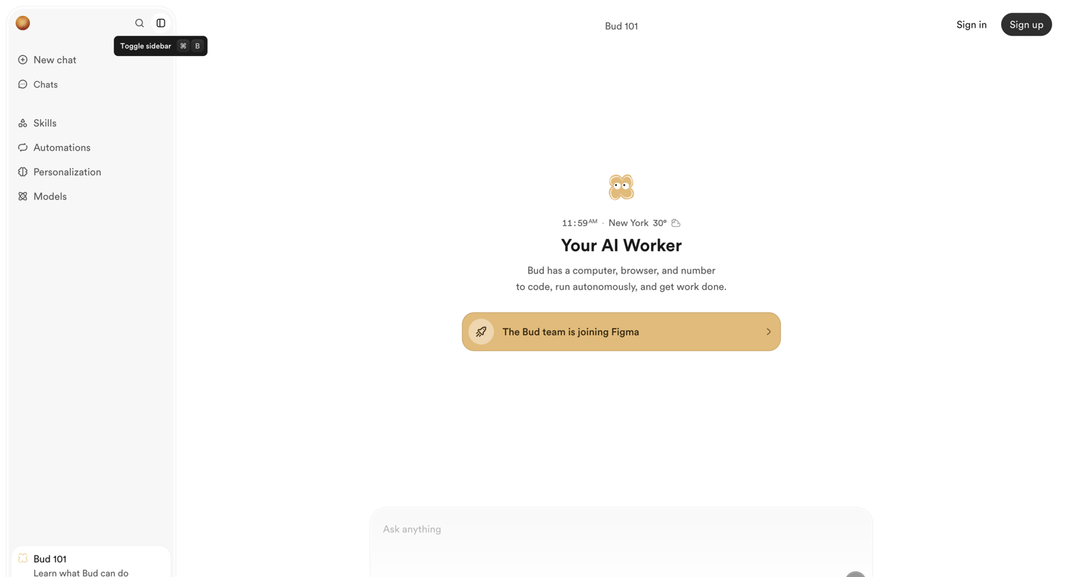Bud - Bud - Your AI Worker - hover: Collapse sidebar screen