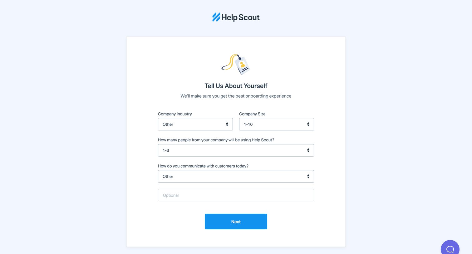 Help Scout - Tell Us About Yourself screen