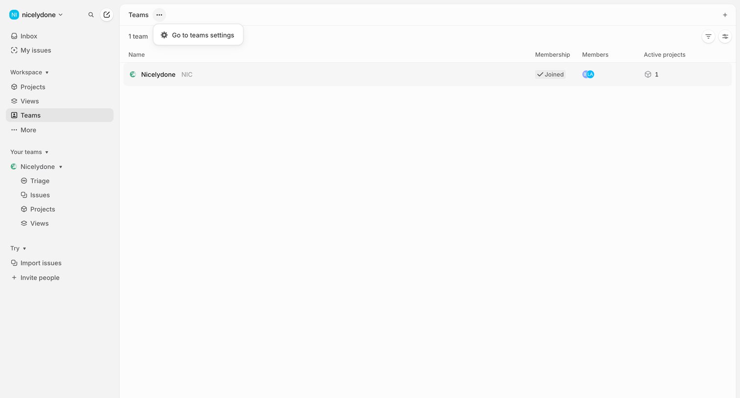 Linear - Teams screen