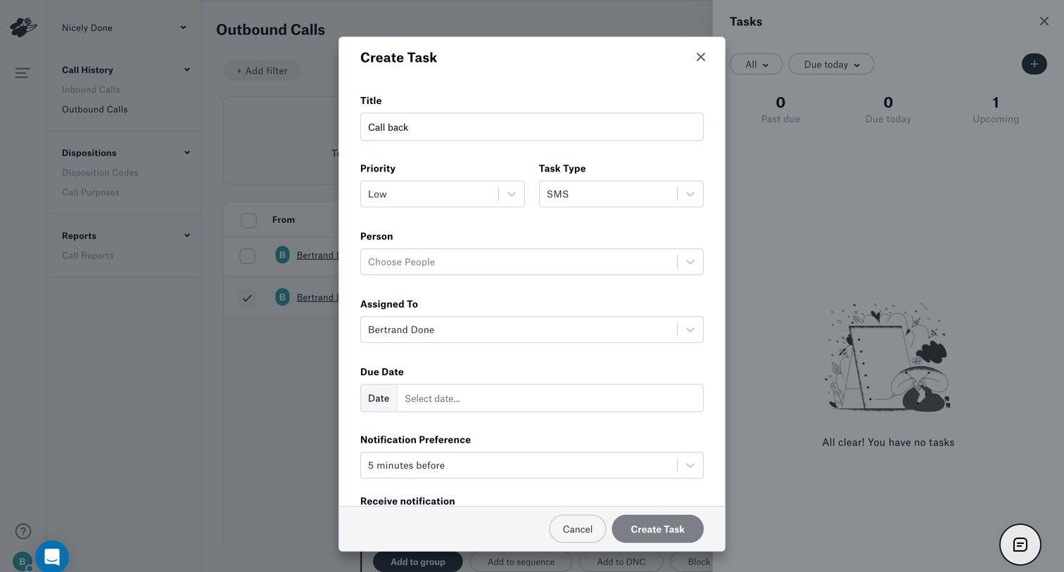 Distrobird - Outbound Calls screen