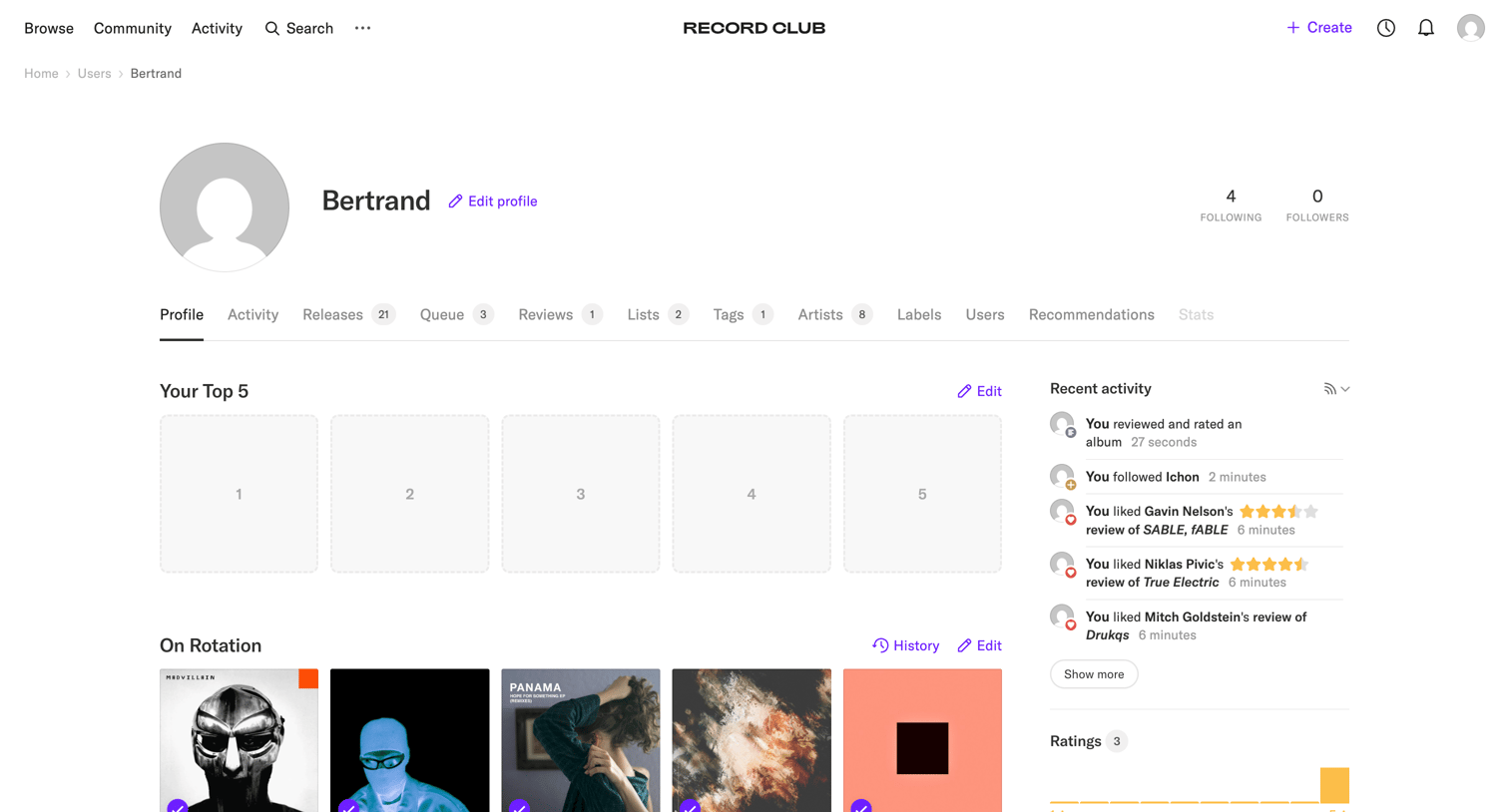 Record club - Bertrand's profile – Record Club screen
