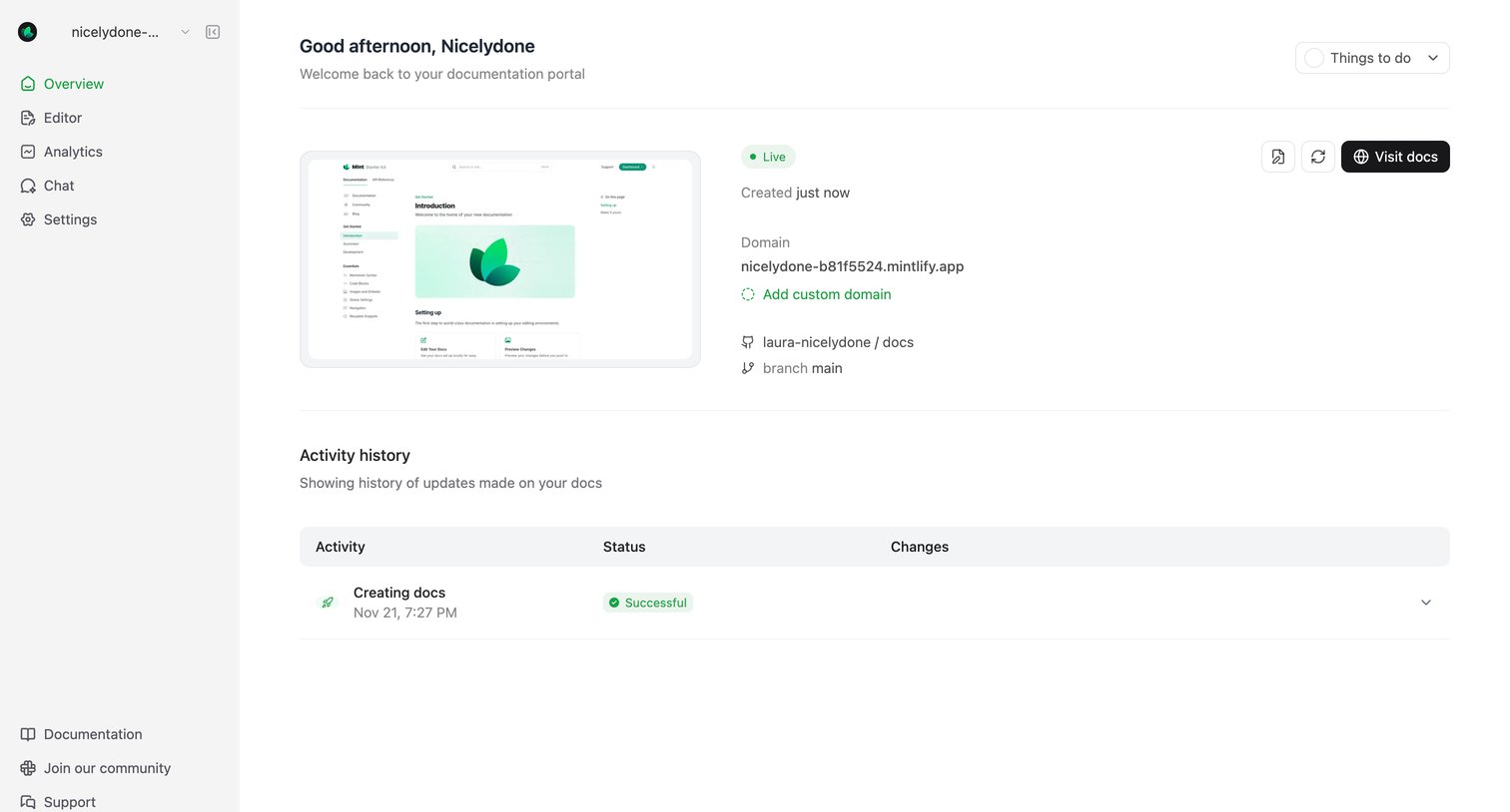 Mintlify - Dashboard - Mintlify screen