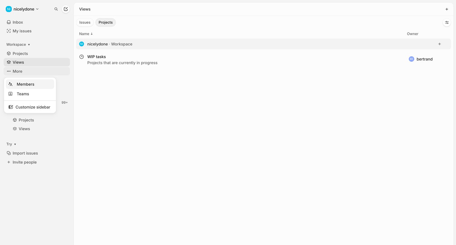 Linear - Projects screen