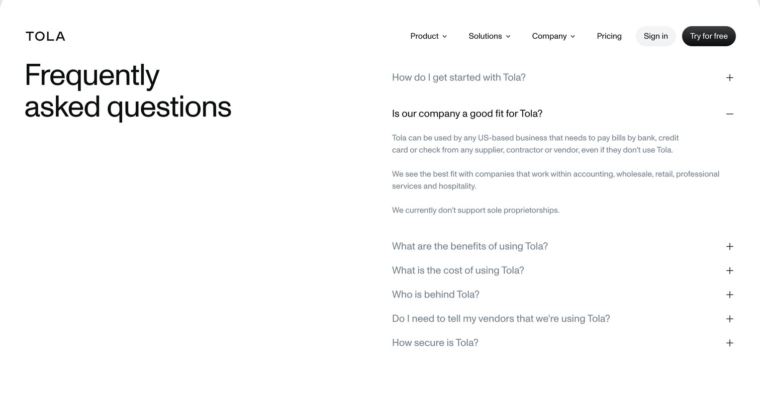 Tola - Tola - Accounts payable, accounts receivable and cash flow manage screen
