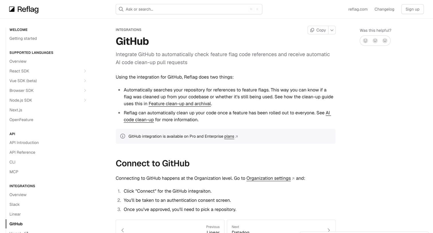 Reflag - GitHub Reflag docs screen