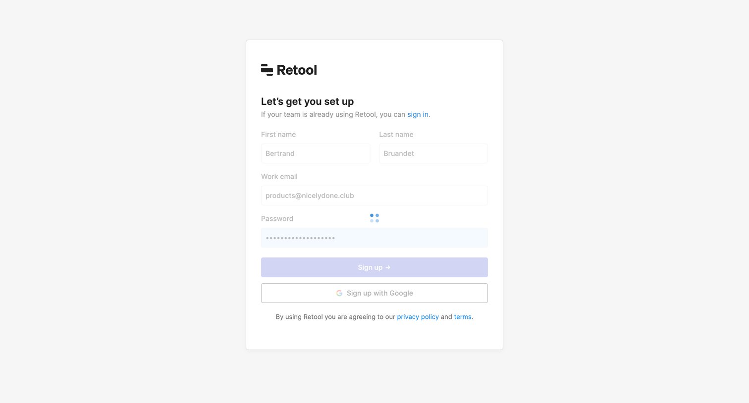 Retool - Sign up | Retool screen