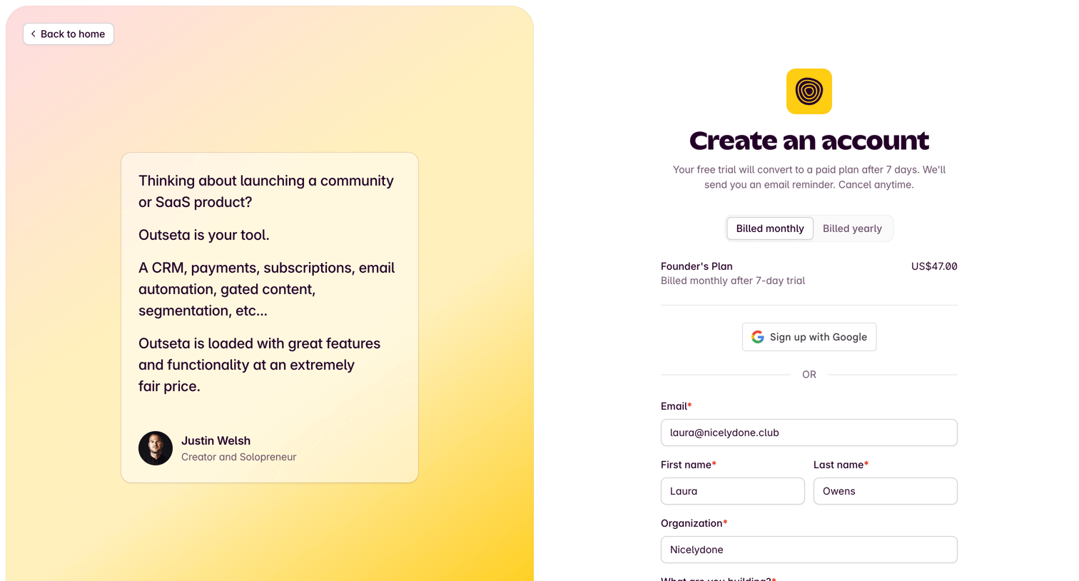 Outseta - Sign Up | Outseta screen