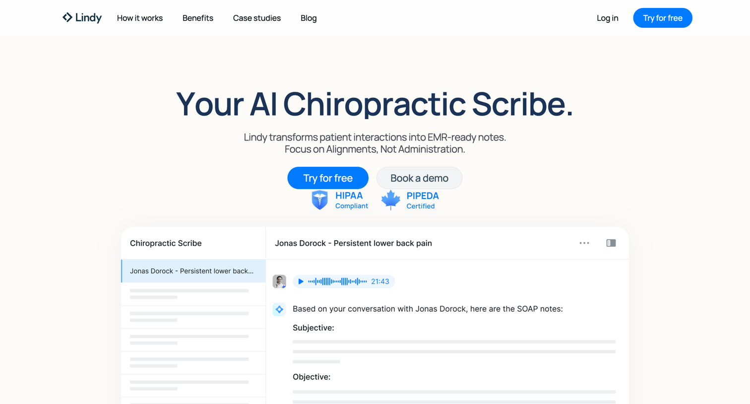 Lindy - Chiropractic Scribe screen