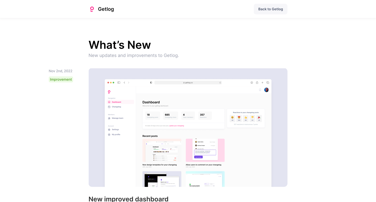 Getlog - Getlog Changelog screen