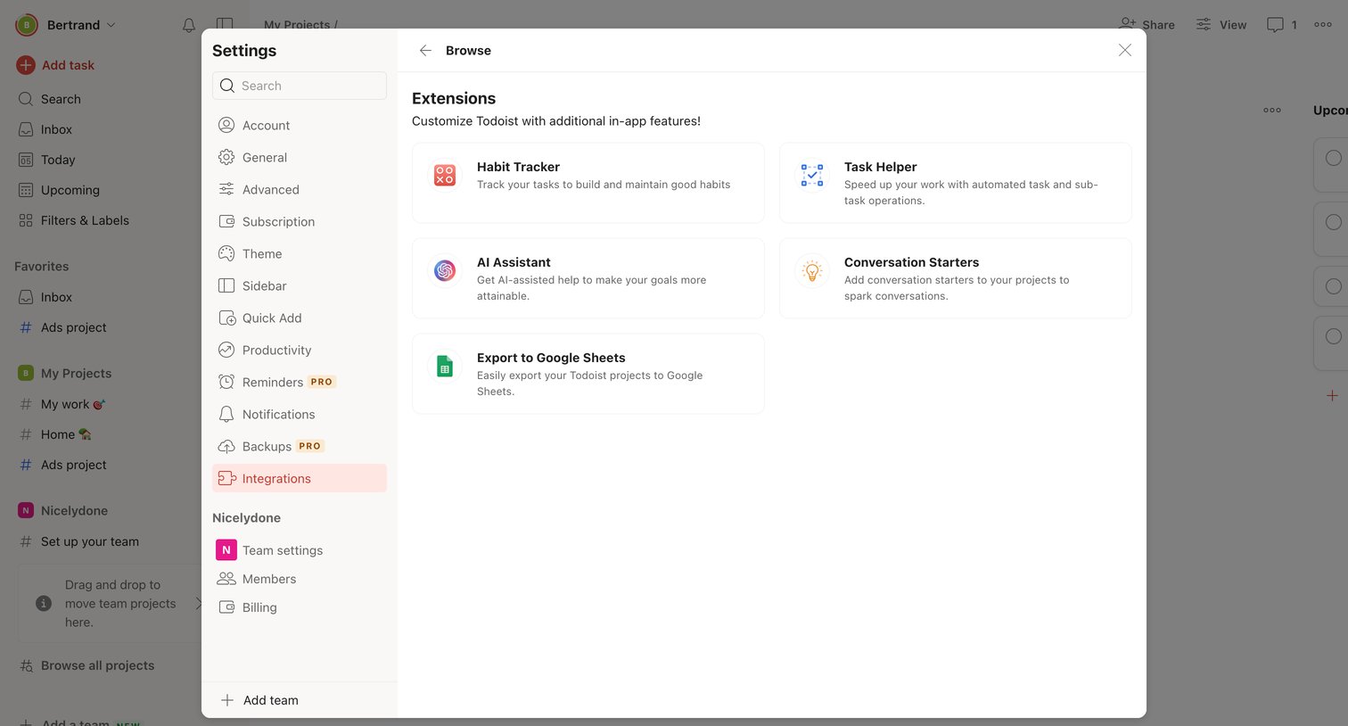 Browse – Settings – Todoist from Todoist