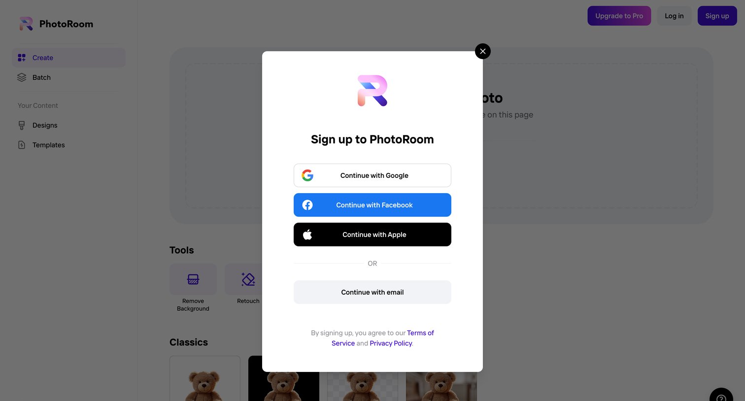 Photoroom - Create - PhotoRoom screen