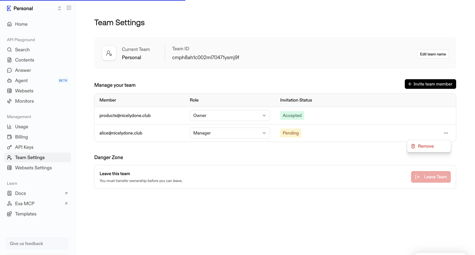 Exa - Teams | Exa API screen