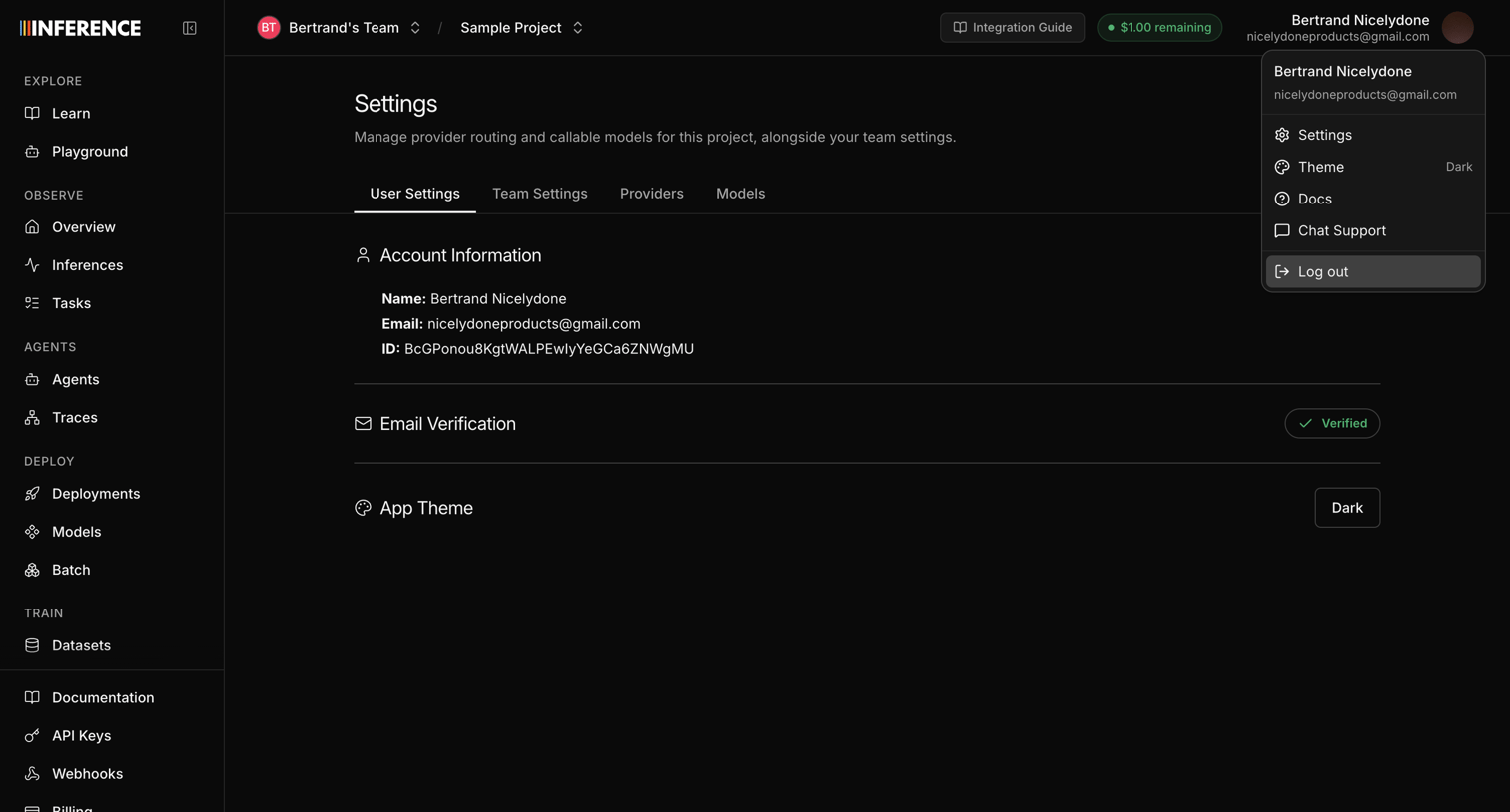 Inference - Settings | inference.net screen