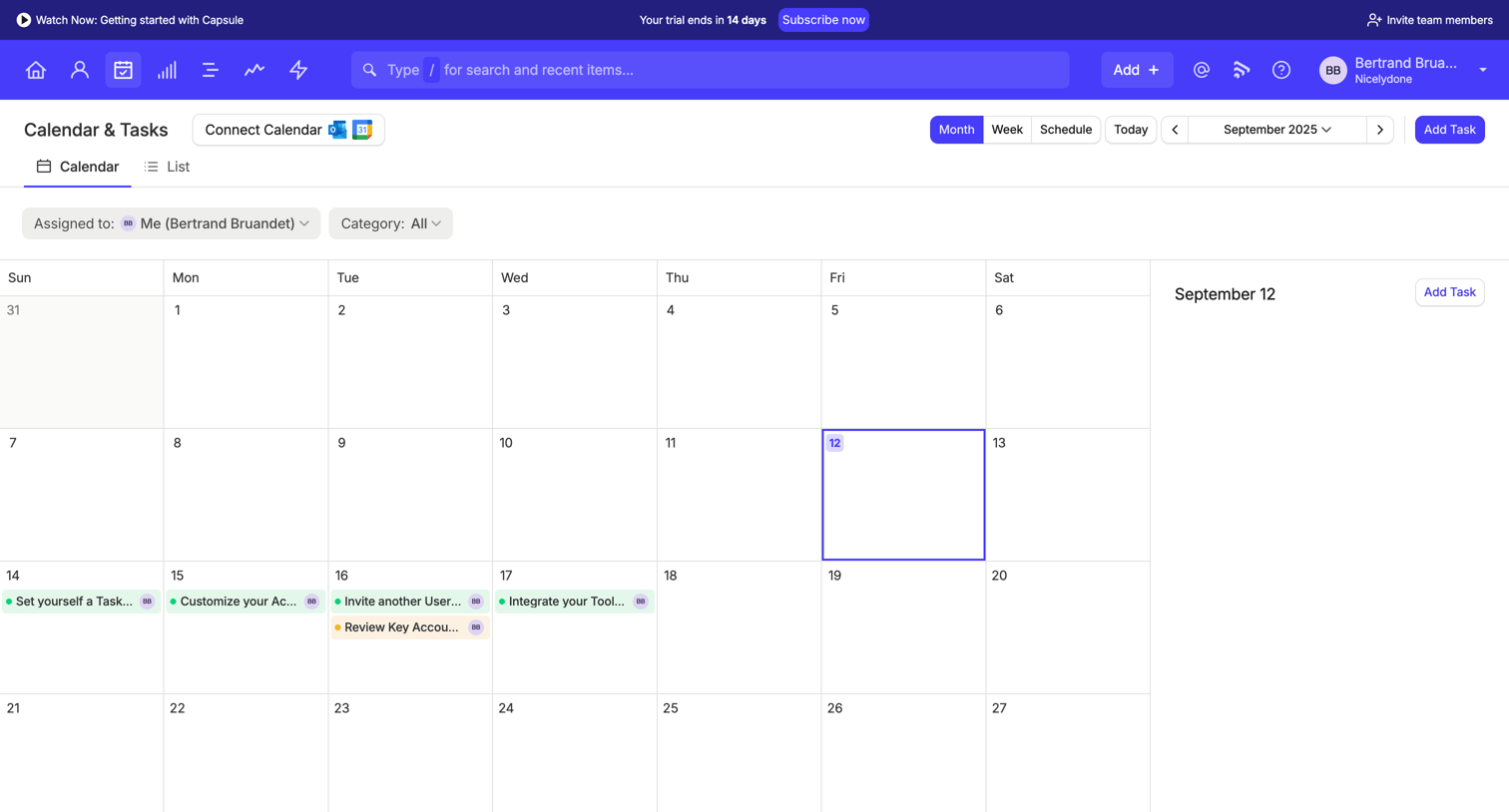 Capsule - Calendar | Nicelydone CRM screen