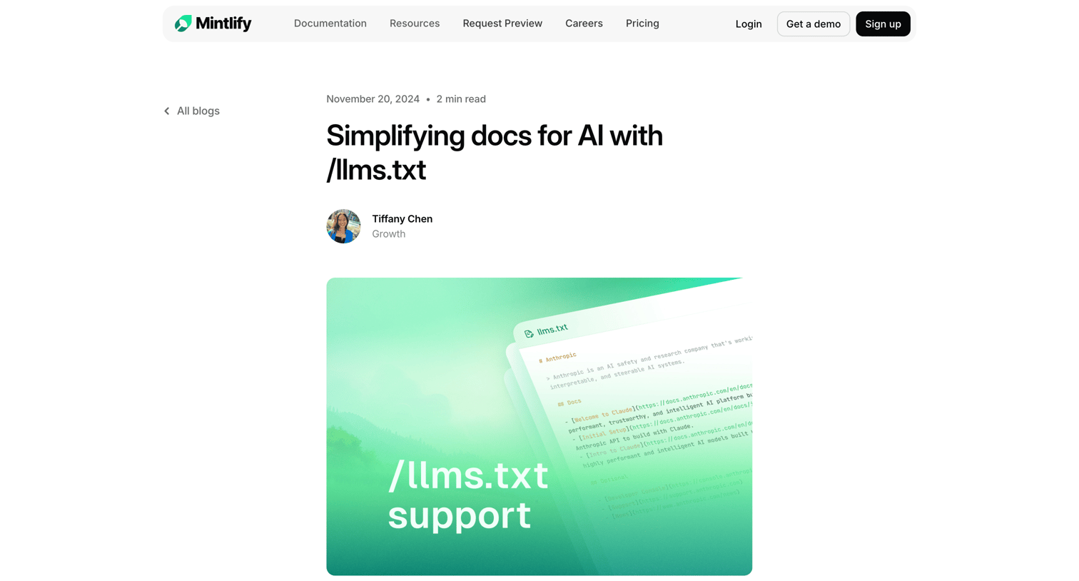 Mintlify - Simplifying docs for AI with llms.txt screen