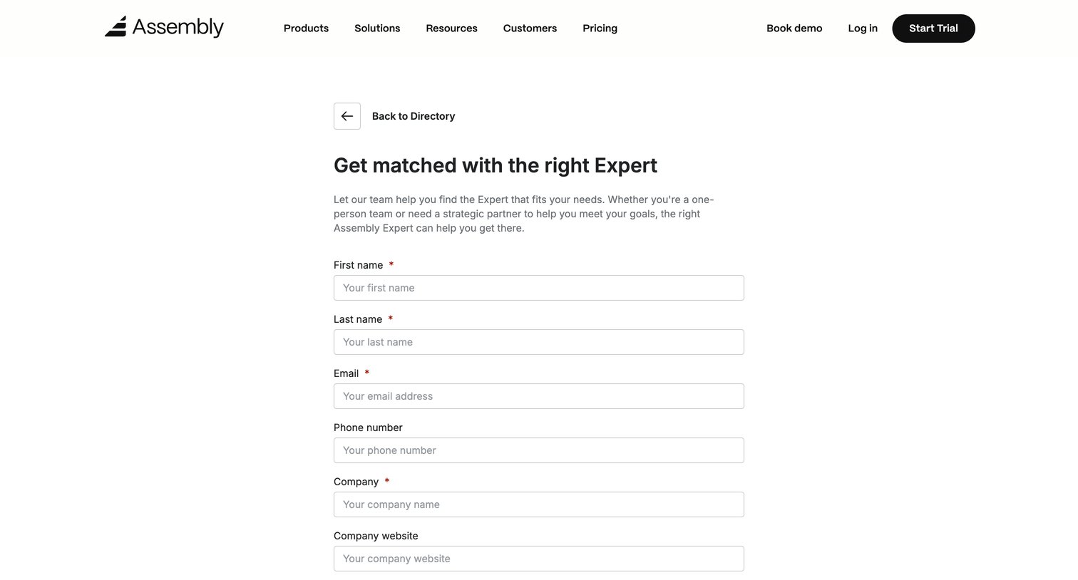 Assembly AI App Builder - Get matched with a Assembly Expert screen