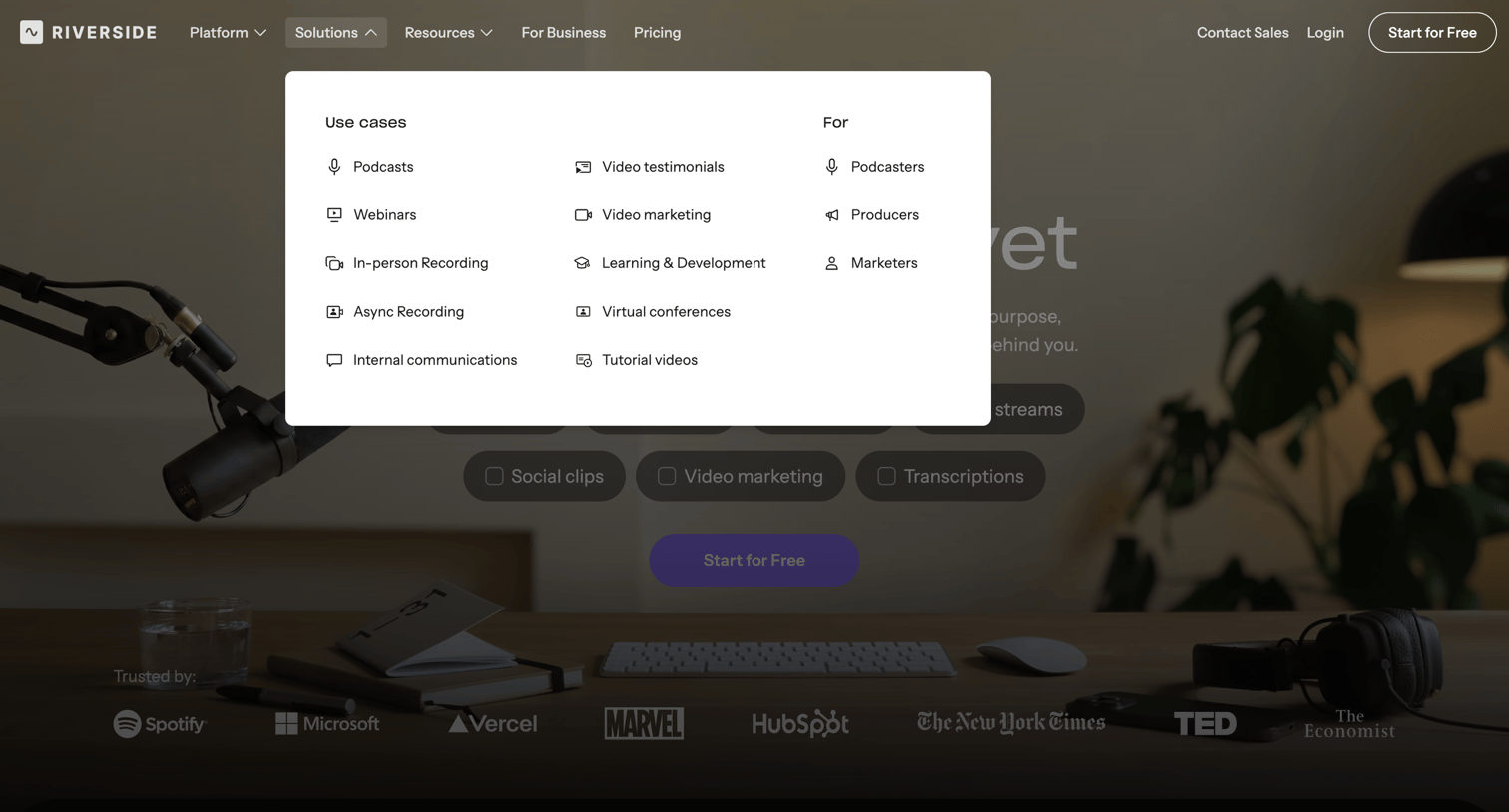 Riverside - Riverside: HD Podcast & Video Software | Free Recording & Editing - hover: Solutions screen