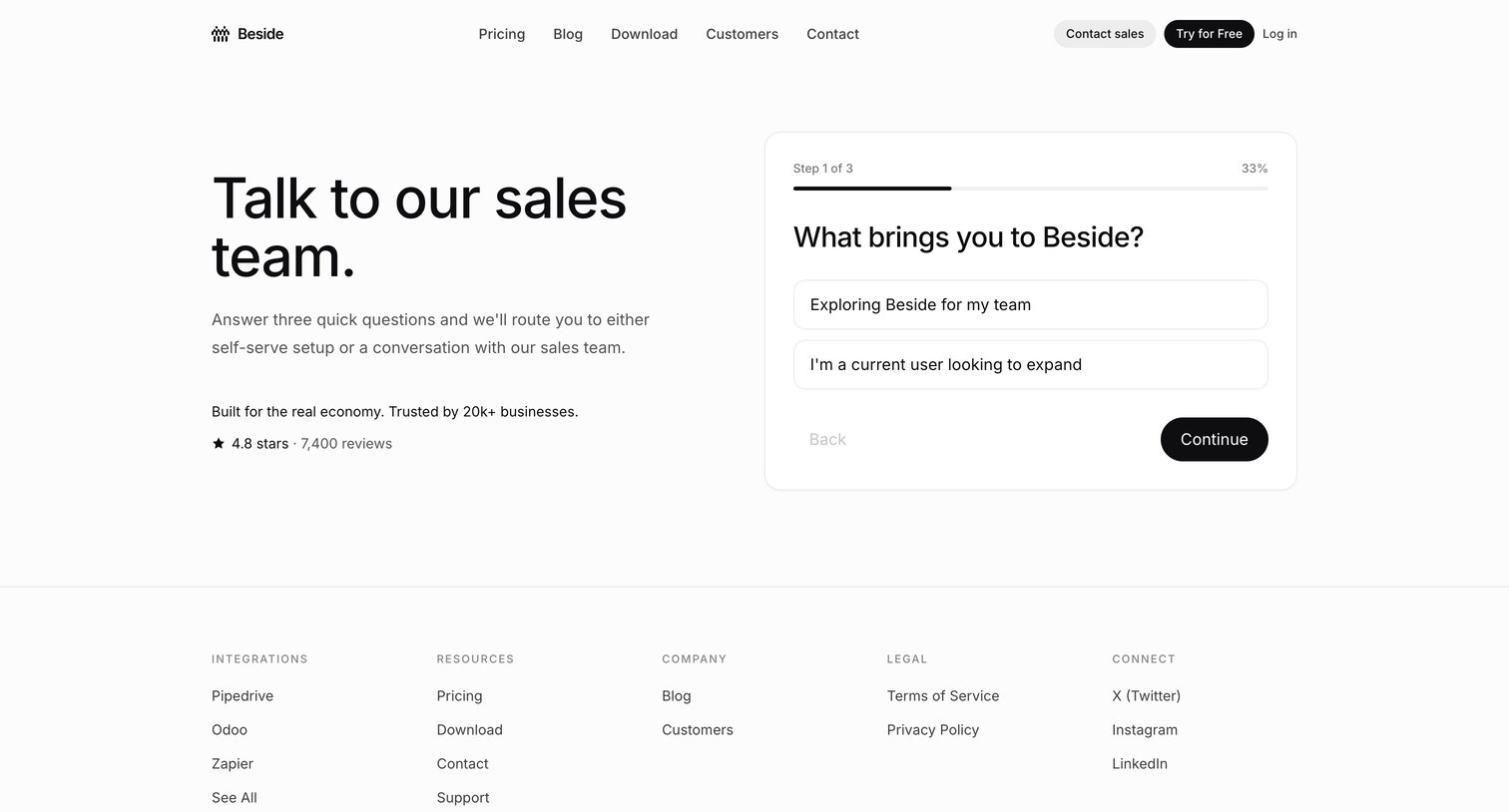 Beside - Talk to Sales Beside screen