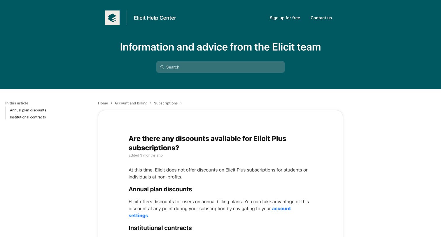 Elicit - Are there any discounts available for Elicit Plus subscriptions screen