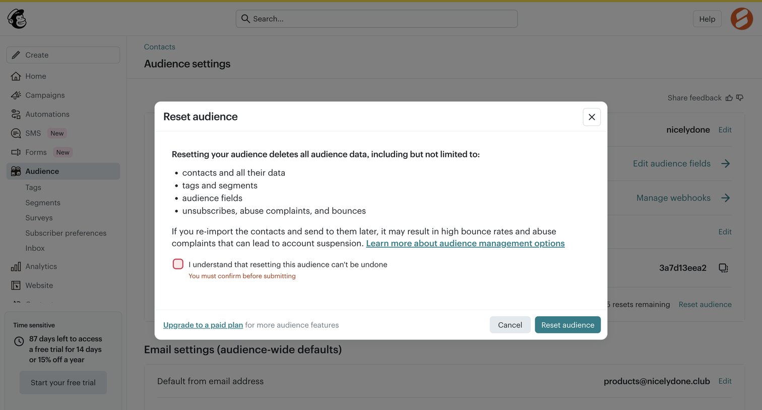 Mailchimp - Audience settings | Mailchimp screen