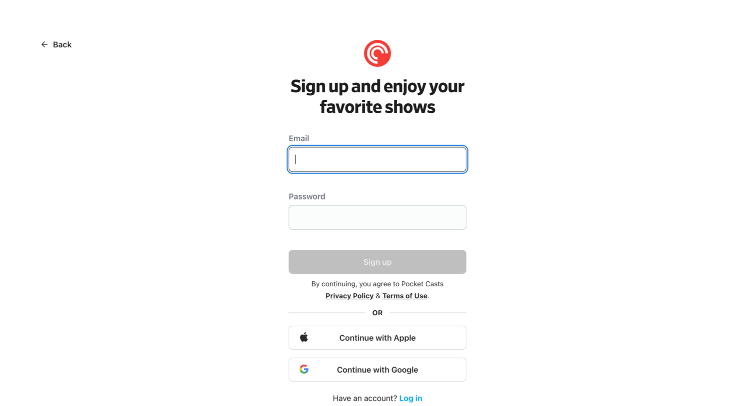 Pocket Casts - Log in - Pocket Casts screen
