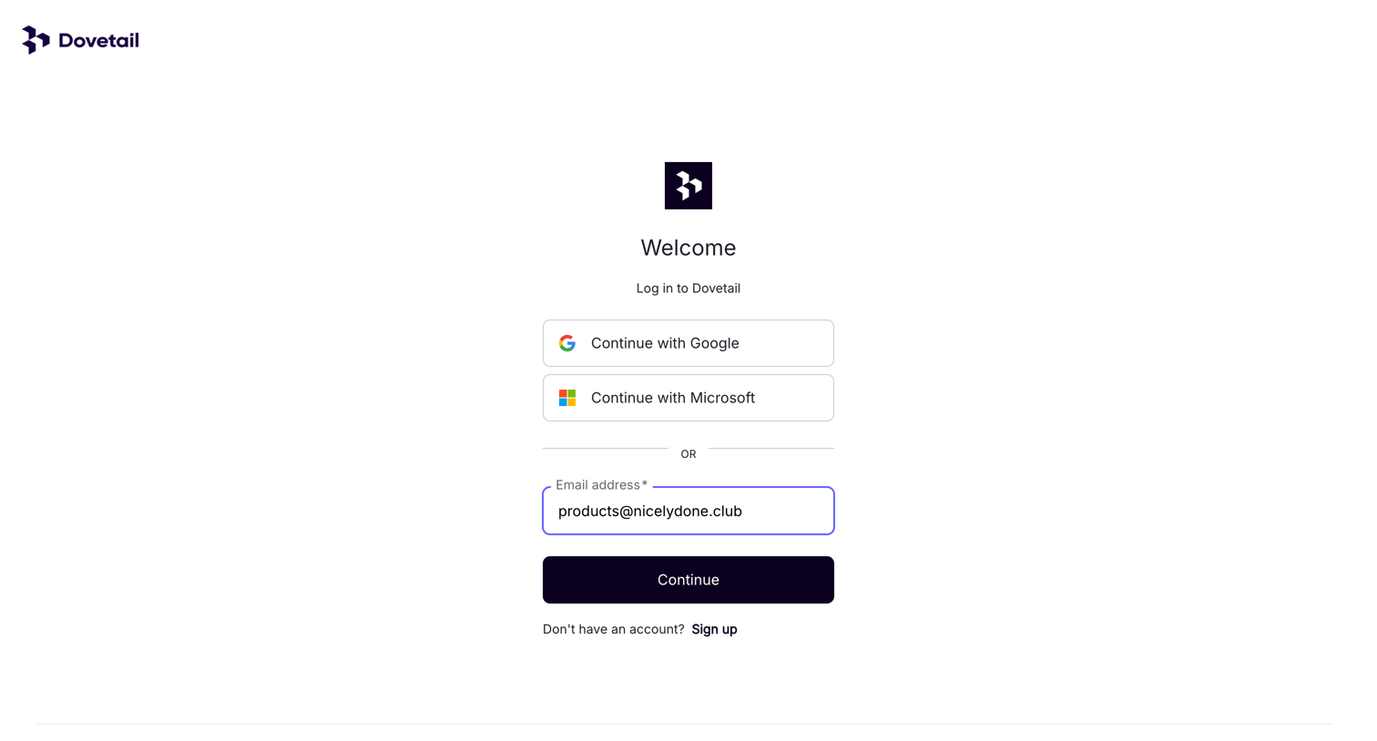 Dovetail - Log in – Dovetail screen