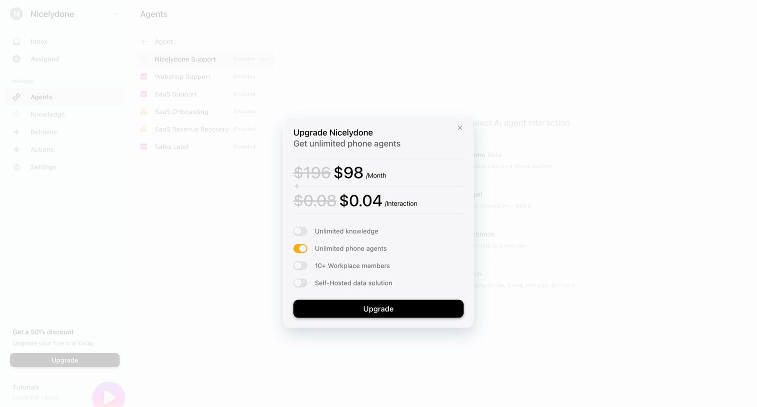 Lemni - Agents › Nicelydone Support screen