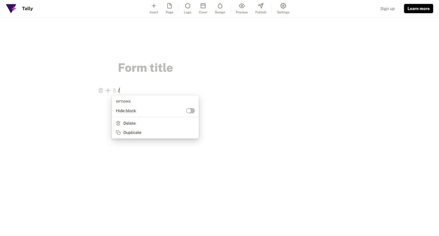 Tally - Create form - Tally screen