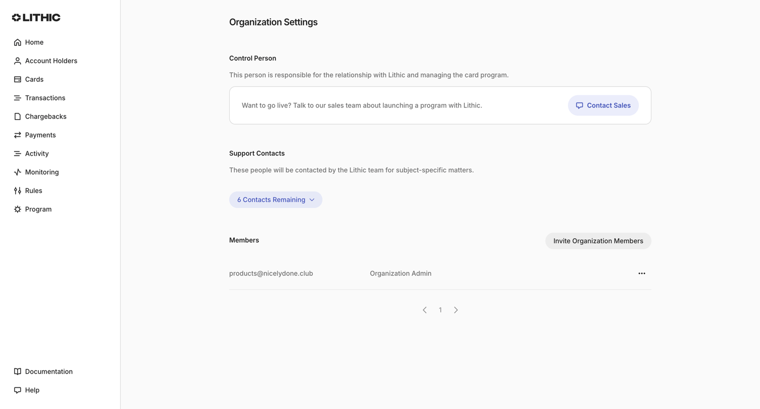Lithic - Lithic - Organization Settings screen