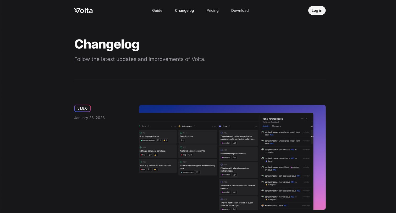 Volta - Changelog · Volta screen