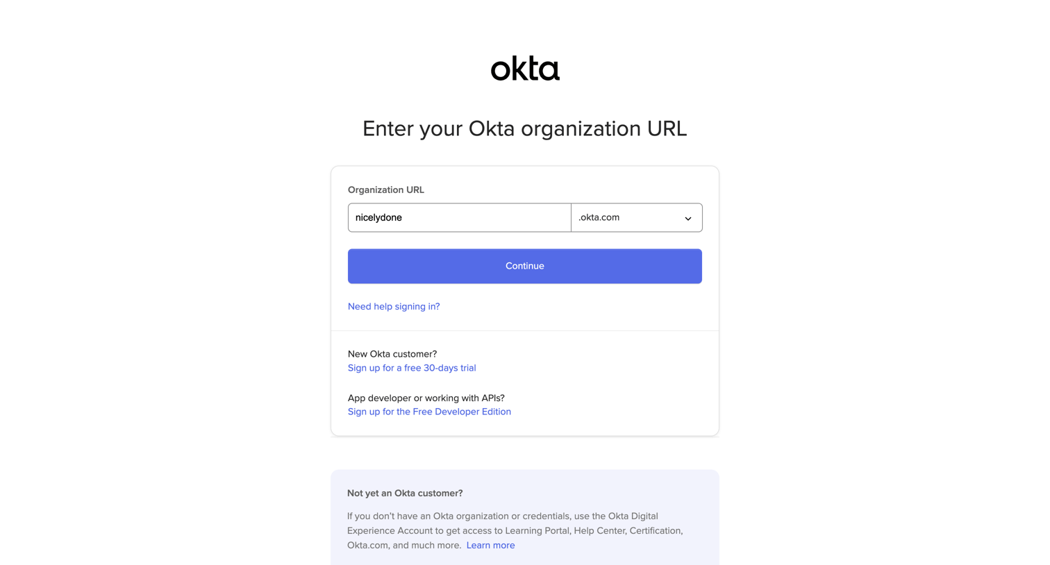 Okta - Log in to your Okta org screen