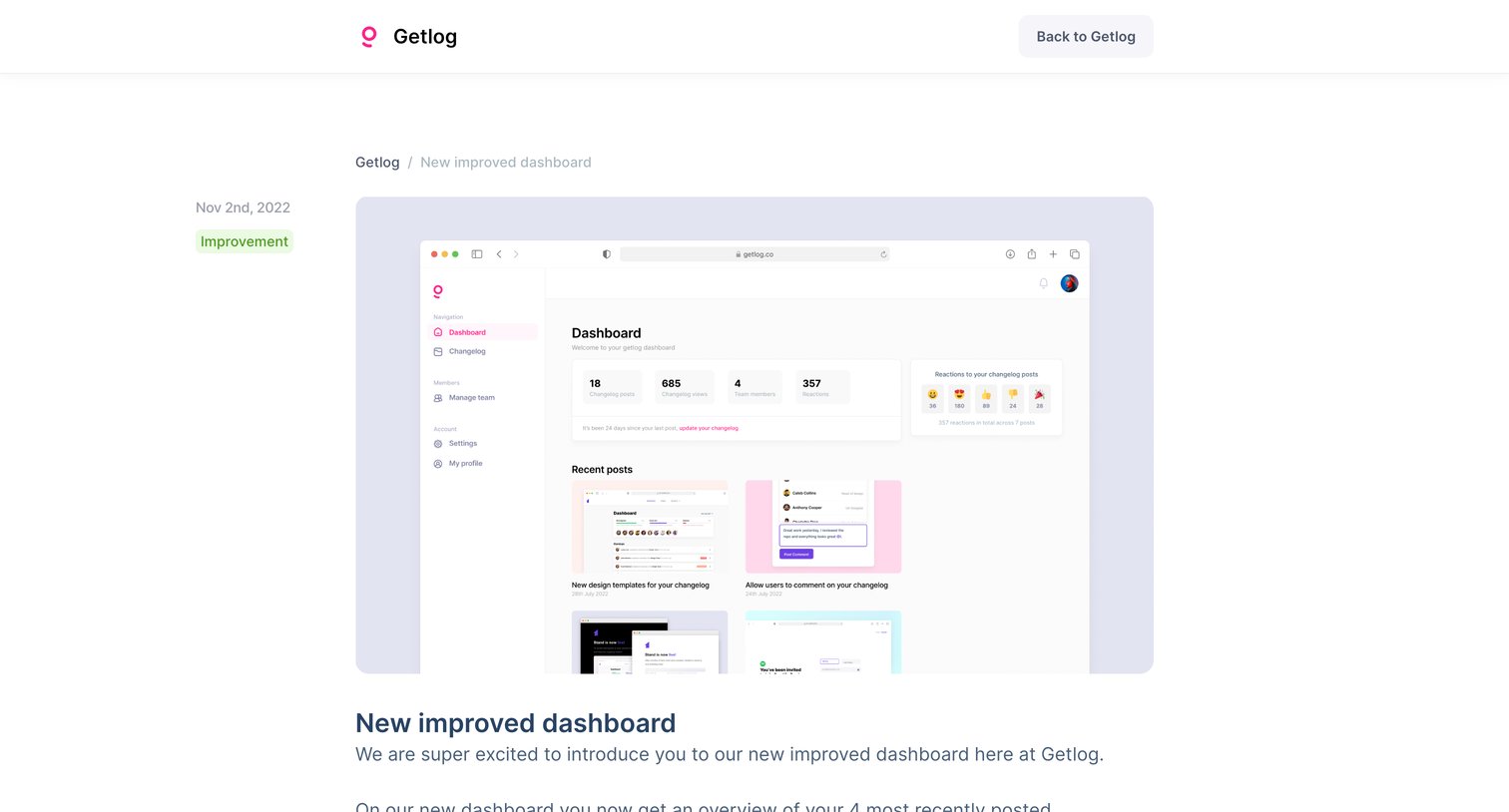 Getlog - Getlog Changelog - New improved dashboard screen