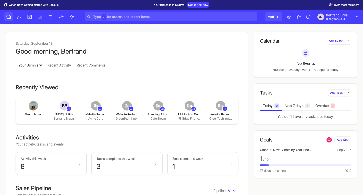 Capsule - Your Summary | Nicelydone club CRM screen