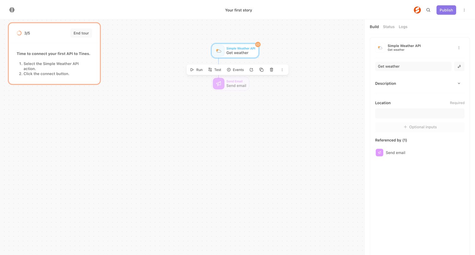 Tines - Your first story - Tines screen