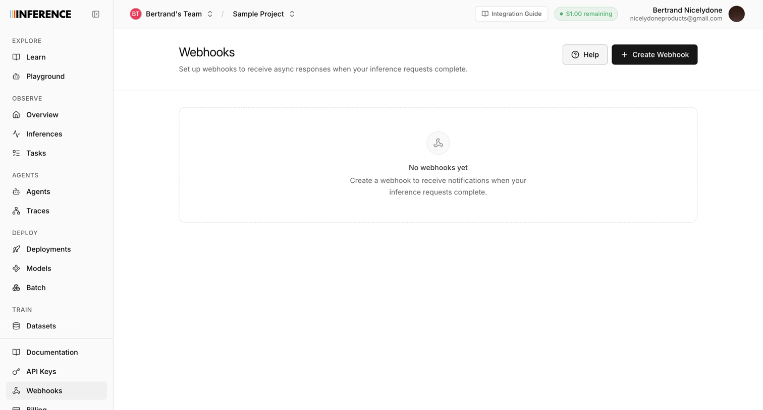 Inference - Dashboard | inference.net screen