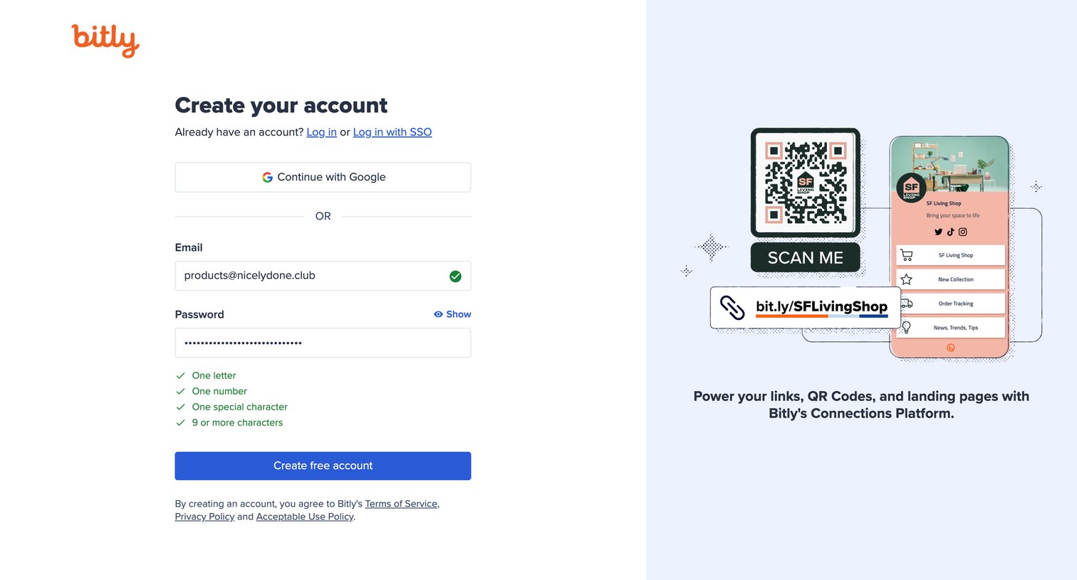 Bitly - Sign up for the Bitly Connections Platform screen