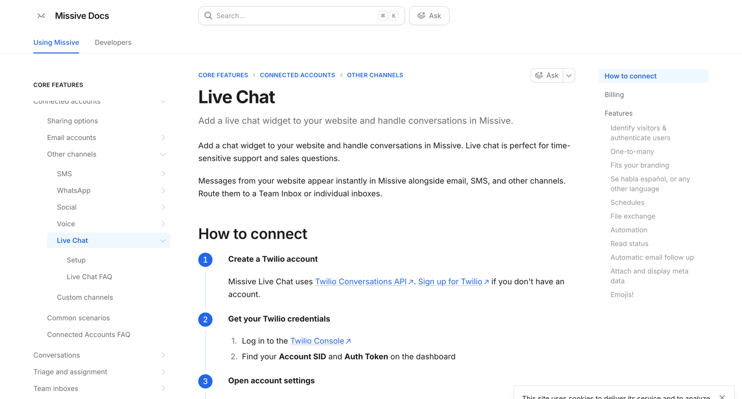 Missive - Live Chat  Missive Docs screen